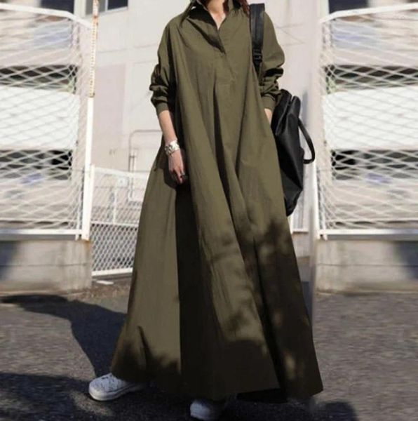 Lässige Kleider Armee Grüne Polo Kragen Hemd Kleid Frauen 2024 Herbst Feste Farbe Lose Langarm Streetwear Drop Großhandel Großhandel