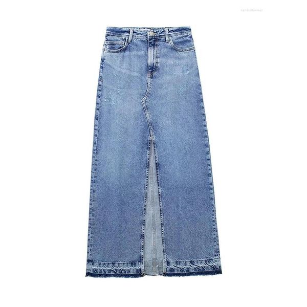 Saias azuis saia de jeans dividida feminino pacote de cintura alta da cintura midi feminina primavera de rua de streetwear da moda feminina entrega apr dh9os