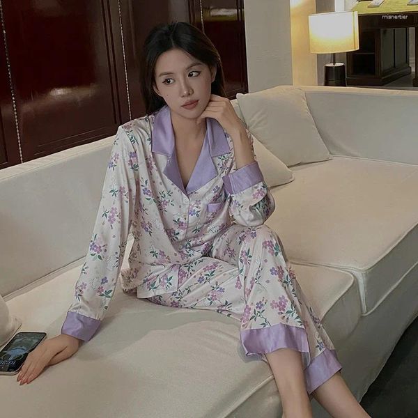 Pijamas de seda para mulheres do sono feminino para mulheres na primavera e verão impressão sexy de lapela de manga longa Terno de duas peças Floral China-Chic Home