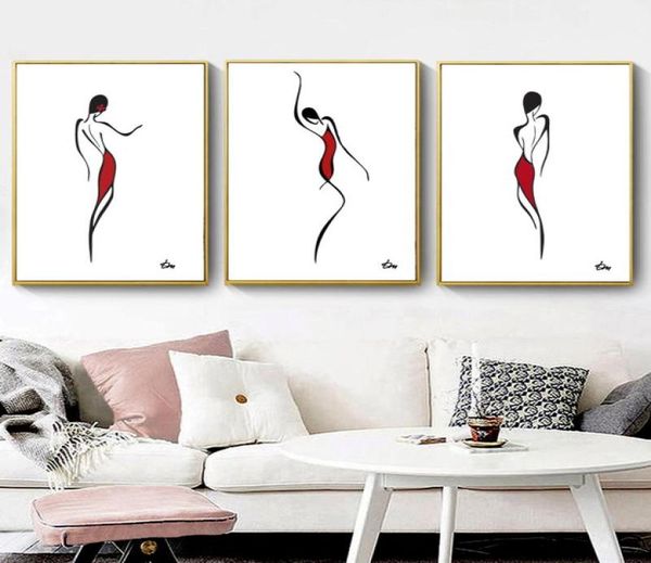 Modern Abstract Dancing Women Wall Art Tela pintando BlackWhitered Line Desenho de arte Pintura de arte nórdica Poster de parede nórdica 3p1810498