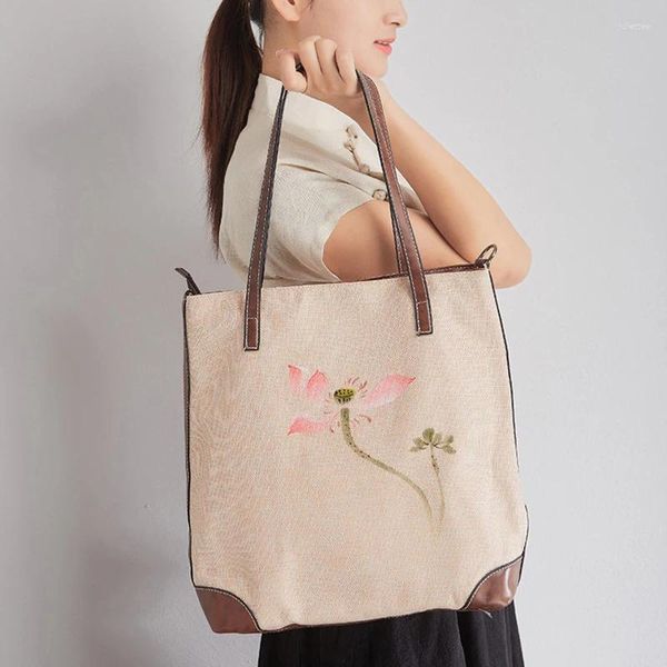 Bolsas de ombro Mulheres de estilo nacional chinês Pintura à mão Lindas flores retrô de lona casual Bola de compras de grande capacidade