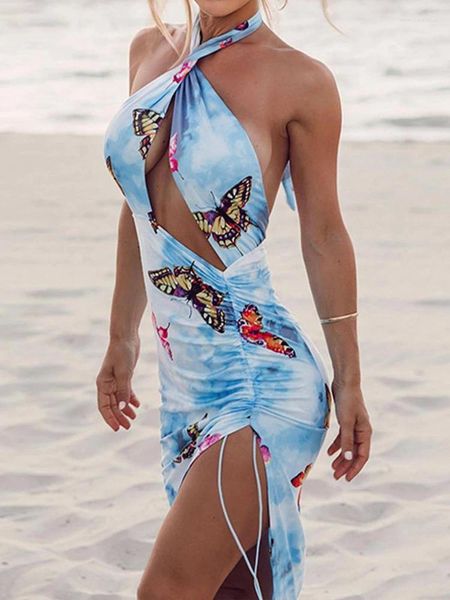 Lässige Kleider Ladies Criss-Cross Riemchen Halfter Krawatte Dye Schmetterlingsdrucken Schöne sexy weibliche rückenfreie hohle Strandfeiertags-Maxi