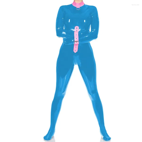 Frauenhöhe Exotische Scheinhals Spandex PVC Leder VollbodySuit Unisex Club Bondage enger Overall Wetlook Zentai Halloween Party CatSuit