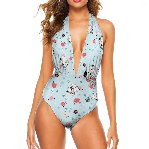 Frauen Badebekleidung süßer dalmatinischer Welpe Badeanzug sexy Blumendruck Rückenfreies einteiliger Kawaii Bodysuit Sport Push Up Grafik Strand Kee