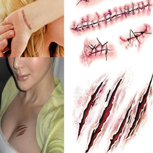 Halloween Zombie Scars Tattoos Sticker Falsa Falsa Falsa Bloody Makeup Party Halloween Decorazione Halror Ferita per sangue Scarico Waterpro4311921