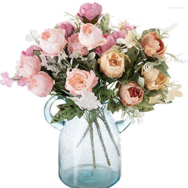 Dekoratif çiçekler 6 baş gülüş gerçek dokunmatik şube düğün ev Noel vazo dekorasyon büyük kafa şebeke uzun sahte bitkiler