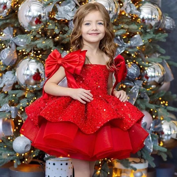 Paillettes rossa vestito fiore ragazza bambino outfit battesimo per bambini eleganti abiti da prua eleganti boutique feste di compleanno tutu vestidos abbinando 240515