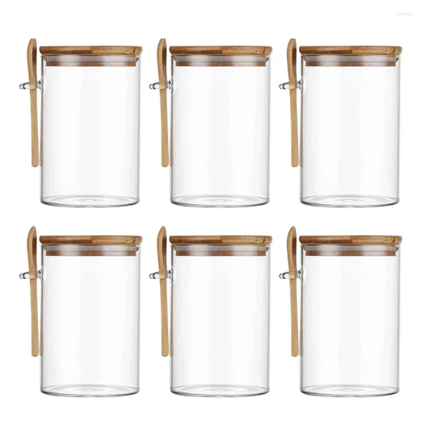 Lagerflaschen 6 Stücke 500 ml Glas Gläser mit Löffel versiegelte Flaschenküchenküchen -Gewürztank Bambusabdeckung
