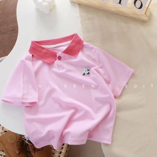 Kontrast oberste Sommerkleidung für Jungen Mädchen Pink Polo Shirt Casual Sports T -Shirts Kinder Marke dünne Baumwoll losen Lampen -T -Shirts 240516