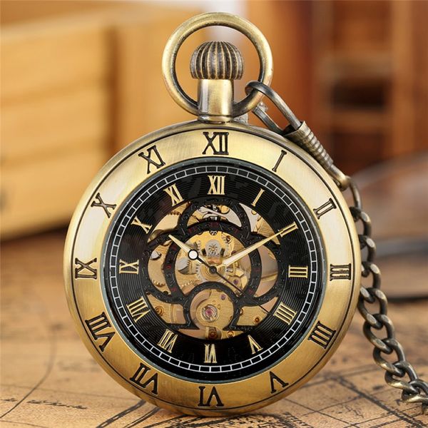 Steampunk Vintage Silber Schwarz Bronze Farbe Taschenuhr Römische Nummer Hülle Handwind Mechanische Uhren für Männer Frauen mit Pendat Chain 250J