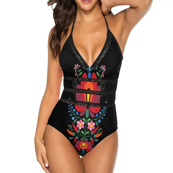 Frauen Badebekleidung traditioneller Stil ungarischer Blumen Design sexy schwarzes Netz ein Stück Badeanzug Rückenfreie geschnittene Frauen schwimmen Badeanzug schwimmen