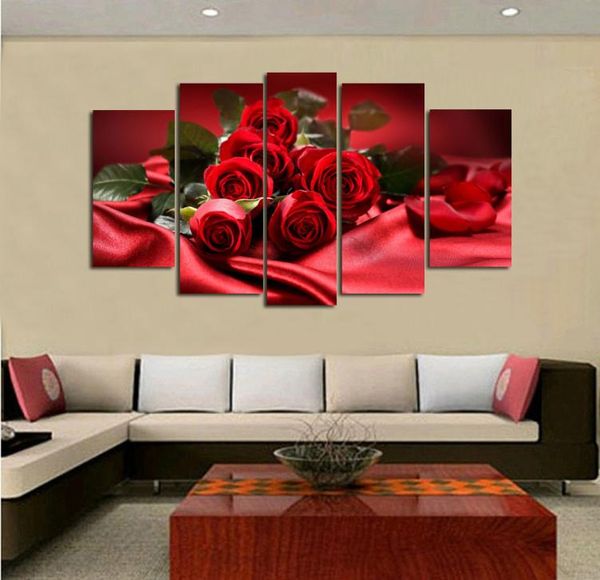 5 peças Modern Fashion HD Impressão impressão romântica Pintura a óleo de rosa vermelha em tela decoração para casa para sala de estar Bedroom7565378