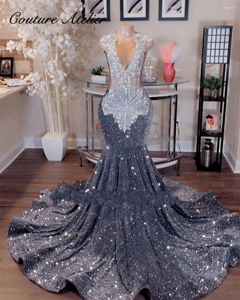 Partykleider funkelnde graue Pailletten Luxus afrikanische Shinny Prom Kleid für schwarzes Mädchen Meerjungfrau Diamond Crystal Gillter Rock Abend formelles Kleid