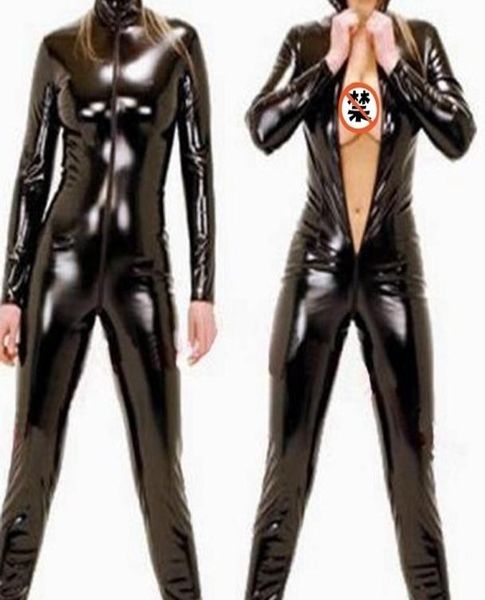 Sexy Wetlook Schwarzer Katzenmomen Jumpsuit PVC Spandex Latex CatSuit Kostüme für Frauenkörperanzüge Fetisch Leder Kleidung Plus Größe 4xl Y9983622
