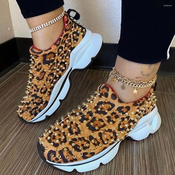 Fitness Shoes Mulheres Mulheres Rivet Lace-up Sneakers Upper Round Toe Flat Sexy Leopard Print Casual Stretch Ladies