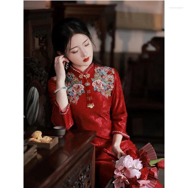 Roupas étnicas Yourqipao vermelho cheongsam chinês wedding brind desgaste para mulheres vestidos de mangas compridas Vestido de noivado de noiva