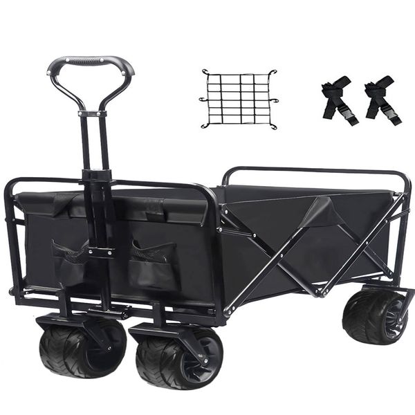 Zusammenklappbarer Hochleistungsstrandwagenwagen Outdoor Klappverbot Camping Garden Beach Cart mit universellen Rädern Verstellbarer Griff Shopping (schwarz)