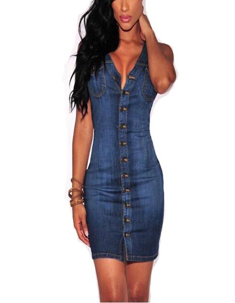 Mulheres sexy azuis sem mangas jeans vestidos de jeans cowboy bodycon vestido vestidos vestidos de peito único mt2366 c190412019532804