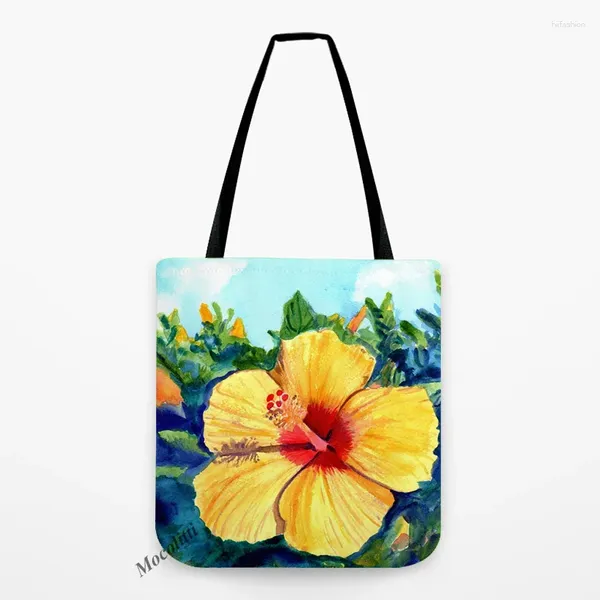 Piani di accumulo di piante tropicali floreali multicolori acquerelli di pittura frangipani in stile shopper bot borsetto arredamento di lino resistente all'acqua