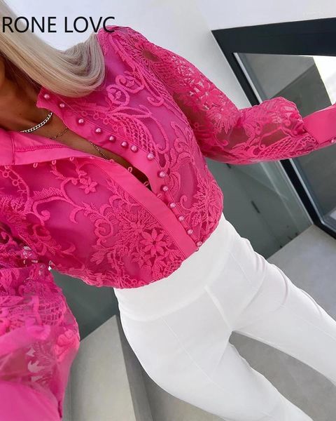 Blouses feminina feminina Mulheres chiques de bordado sólido decoração de malha remendo colarinho rosa blusa de camisa vermelha