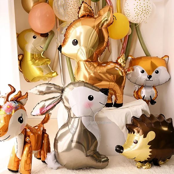 Tema de papel alumínio de balão veado de coelho esquilo safari decoração de festa adulta crianças balões de aniversário suprimentos de decoração 240514