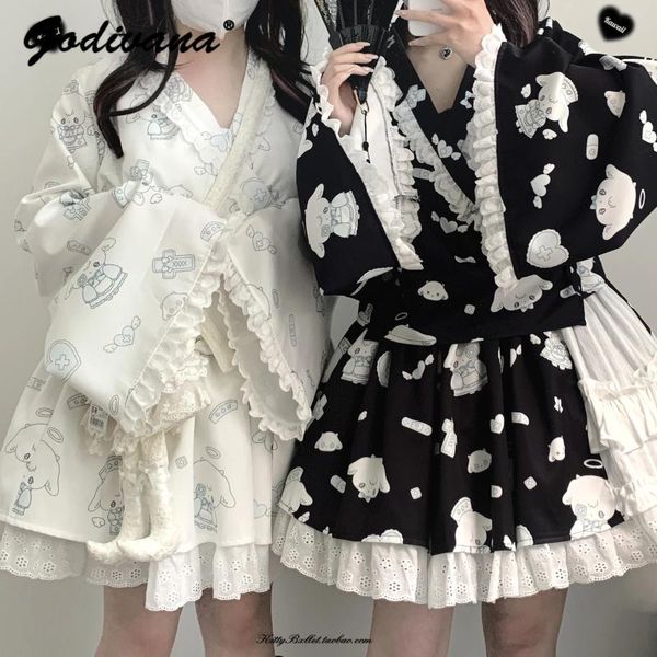 Arbeitskleider 2024 Frühlings- und Sommermädchen süße süße Spitzenwasserfarbe gedruckt Kimono Top Schürze Rock 3 -Stück -Outfits