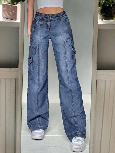 Jeans femininos 2024 Y2K Streetwear Mulheres da cintura alta Páfeos de perna larga Palavras de retalhos de retalhos de cargo de carga vintage capris Fairycore