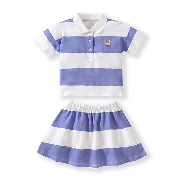 Little Maven Girls Polo Hals Rock Sets lässig gestreifte weiße blaue Sommerkinder Kleidung Set Boutique Outfits Baumwolle 240516