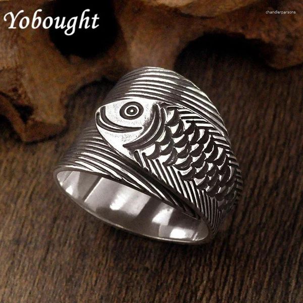 Clusterringe 925 Thai Silber Craft Einfacher chinesischer Stil geschnitzter reichhaltiger Reichtum Fisch breiter Ring Vintage Öffnungsschmuck für Männer und Frauen