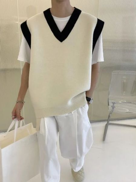 Белые полосатые вязаные свитера для мужчин V Vest V Sece Одежда одежда для рукавов Жилета толстое зимнее старое хлопковое продажа S 240516