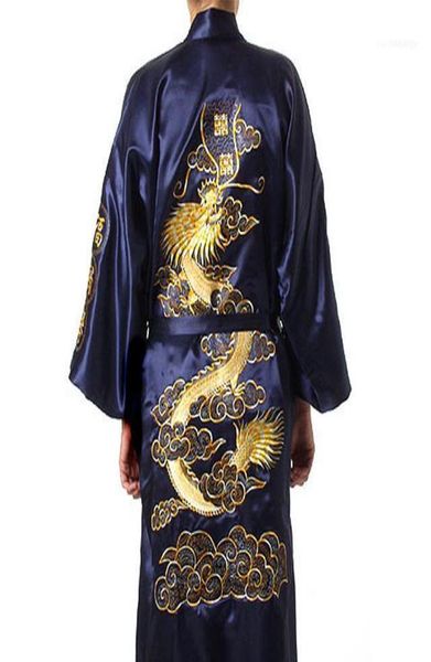 Männer039s Nachtwäsche traditionelle Stickerei Drache Kimono Yukata Bath Gown Navy Blue Chinese Männer Silk Satin Robe lässig männliche Haus 4985209