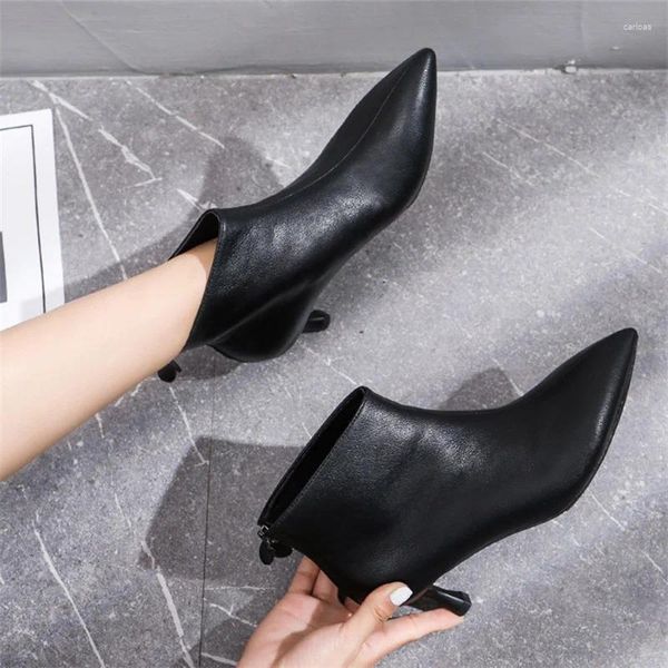 Сапоги черные кожаные дамы шпильки зимние плюшевые короткие модные модные пальцы для женской обуви высокие каблуки Сексуальные насосы Botas Zapatos