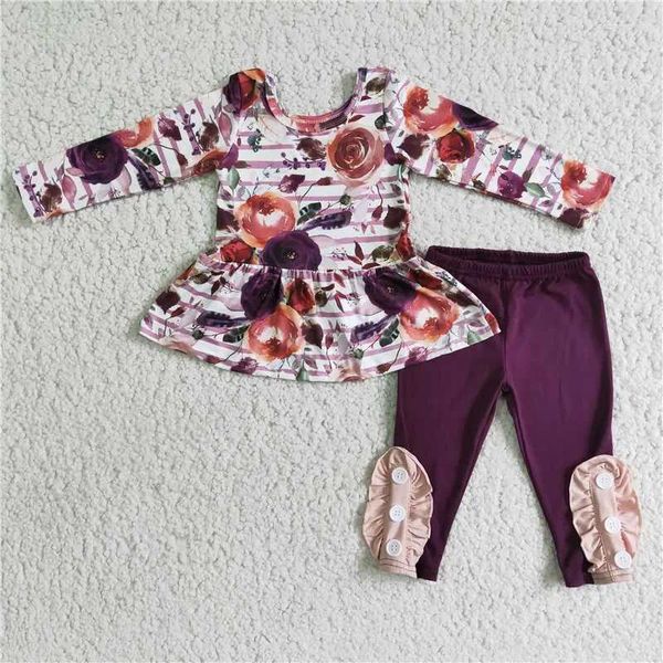 Kleidung Sets Frühlingsmodische Kinder Rosenmuster Langarm Top lila Hosen Boutique Großhandel Baby Girls Kinder Outfits