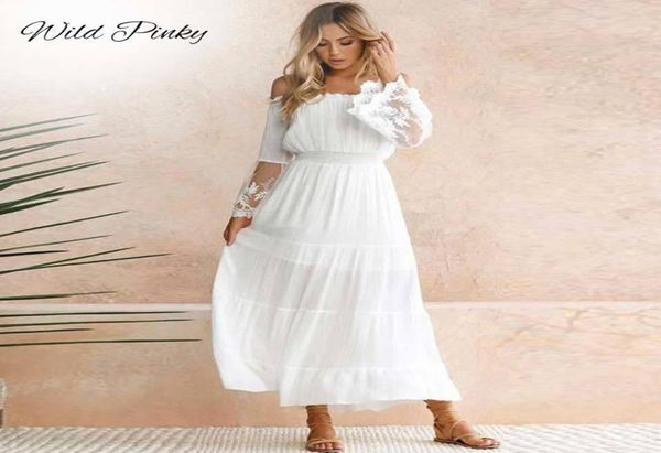 Donness wildpinky Summer Domen White Beach Dress White Sleeve Long Long Sleeve Sexy Off Lace Boho Chiffon Maxi Dress 200929837746