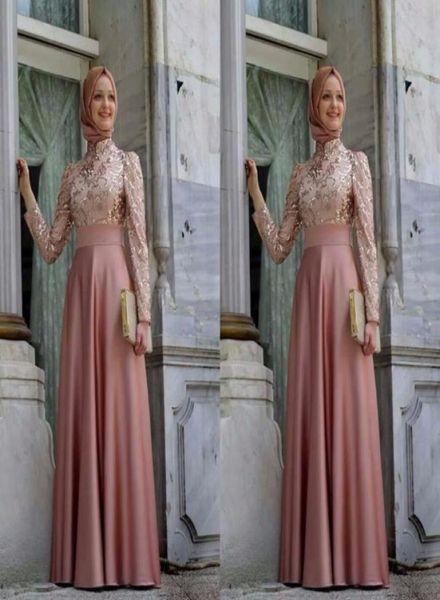 Soiree Hijab Dresses High Neck Long Sleeve Vestidos 2016 A Line DE De Soiree Gold Applique Satin Elegante Aso Ebi Long Evening Dr1848328