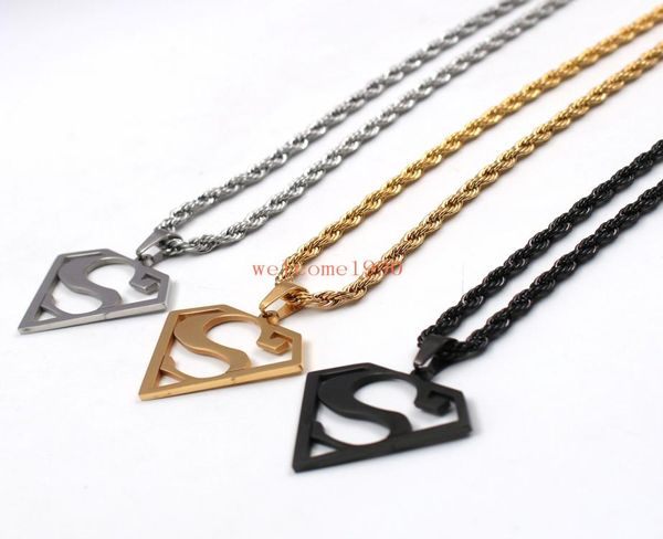 Wählen Sie Gold Silber Black Edelstahl 15 Zoll Superman Logo Anhänger Men039s Geschenke Mode Seilkette Halskette 22 Zoll 4mm8626185