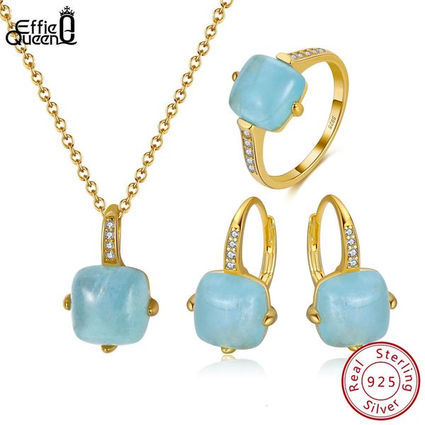 Effie Queen Natural Aquamarine Schmuck Set 14K Gold über 925 Sterling Silber Ring Anhänger und Ohrringe für Frauen Geschenk SSGM08 240517