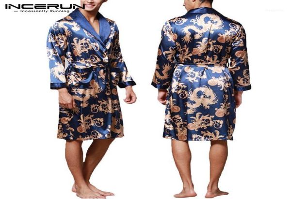 Incerun moda cetim pijamas de seda masculino mangas compridas roupões de banho sortudos dragão chinês vestido de banheira com roupas de dormir Lounge118396841