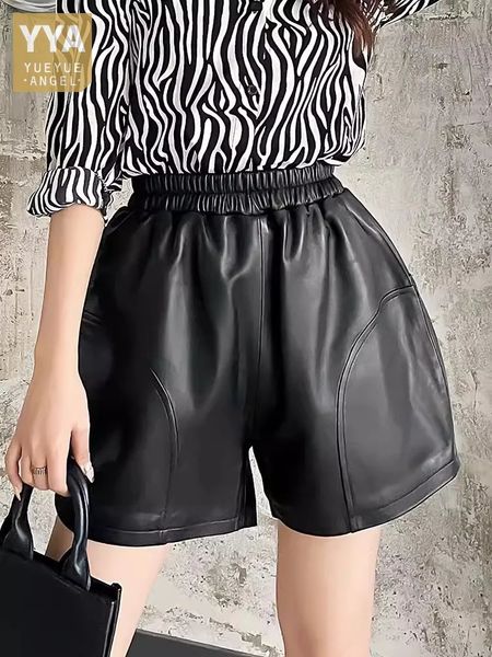 Frauen lässig Streetwear Wide Leg Flare Shorts Frühling echtes Schaffell echtes Leder Schlanker Fit Elastic Taille Kurzhose 240518