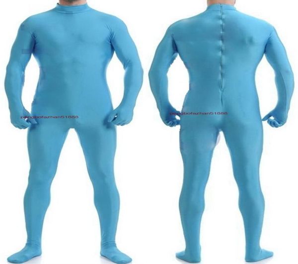 Lake Blue Lycra spandex Men039s CatSuit Kostüm zurück Reißverschluss sexy Männer Körperanzug Kostüme Unisex Outfit Keine Kopf Halloween Party F6172816