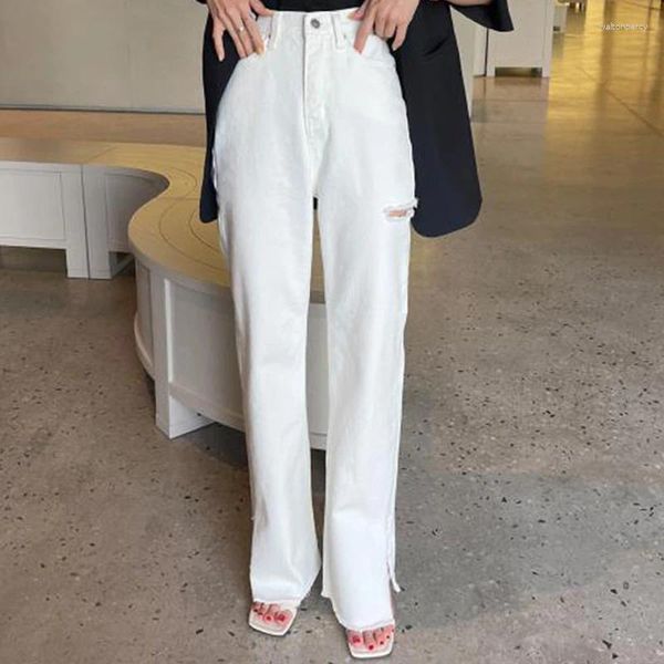 Jeans femminile vintage white strappato da donna streetwear 2024 estate in alto in giro morbido denim lady bottoms pantaloni gamba larga mamma