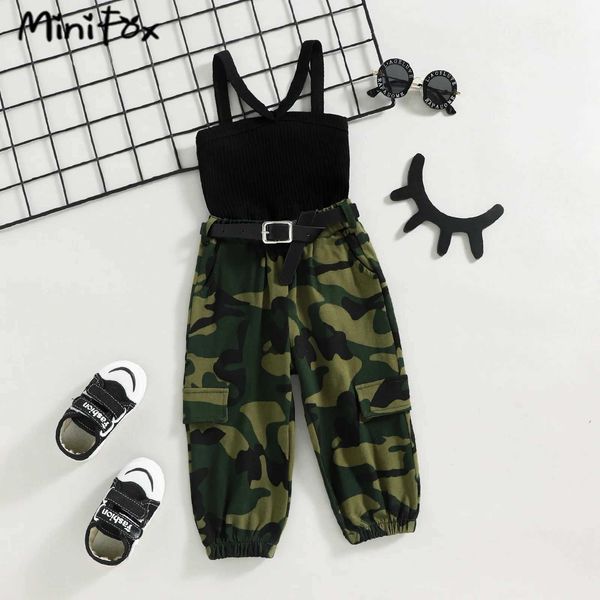 Set di abbigliamento minifox per bambini uniforme militare hip hop crop top e pantaloni mimetici allacciati pantaloni sportivi per neonate set di vestiti per bambini per bambini y240520ktom