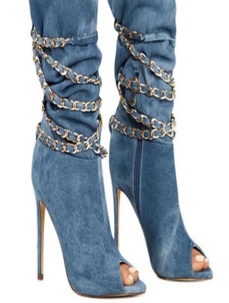 Fashion Stiefel Stiletto -Fersenkette Blue Denim Boots Jeans Peep Toes High Heels Winterstiefel Frauen Schuhe Halb Botas Party Schuhe 1781254