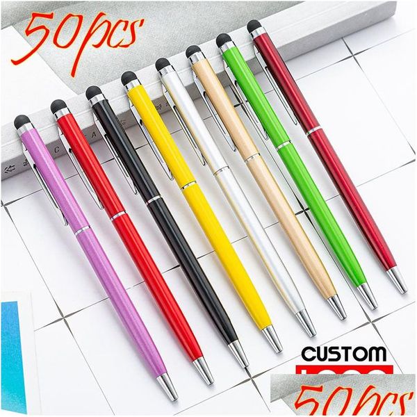 Penne a sfera Wholesale 50 pacchi di mini metallo a 13 colori Metal 2-in-1 Stylus Pen Testo Incisione di Ufficio Custom Hoffer Drop Drop DHHNRL