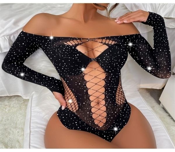 Macacões femininos macacões corpora sexy mechando corpão de fishnet de manga longa diamantes de cristal lingerie bodystocking lingerie 2211133207687