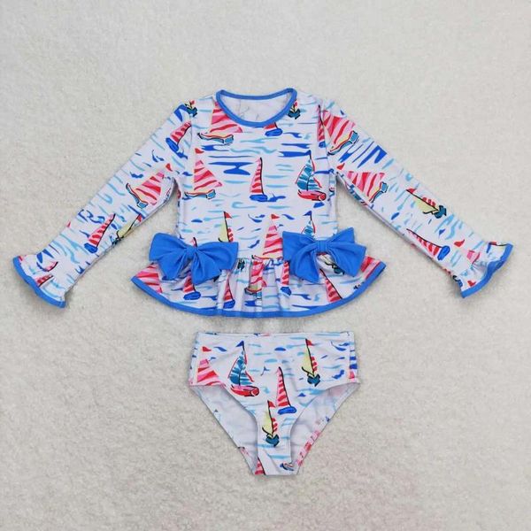 Kleidungssets Großhandel schwimmen westliche Boutique für Baby-Mädchen Kleidung Segelboot Blaues Bogen weiße langärmelige Badeanzüge