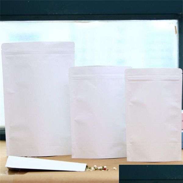 Verpackungstaschen Großhandel 100pcs/Los weiß Kraftpapierbeutel Aluminiumfolie Stand -up -Taschen recycelbarer Versiegelung Aufbewahrung für Tee -Tropfen DHBSA DHBSA