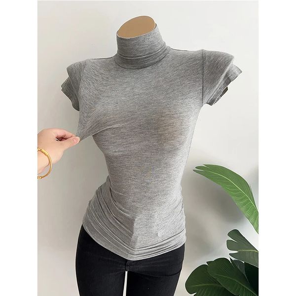 Großhandel Kurzarm Rollkragenpullover Tops durchsichtige T-Shirts High Strecth Korean Style Slim Fit Tight T-Shirts für Frauen 240520