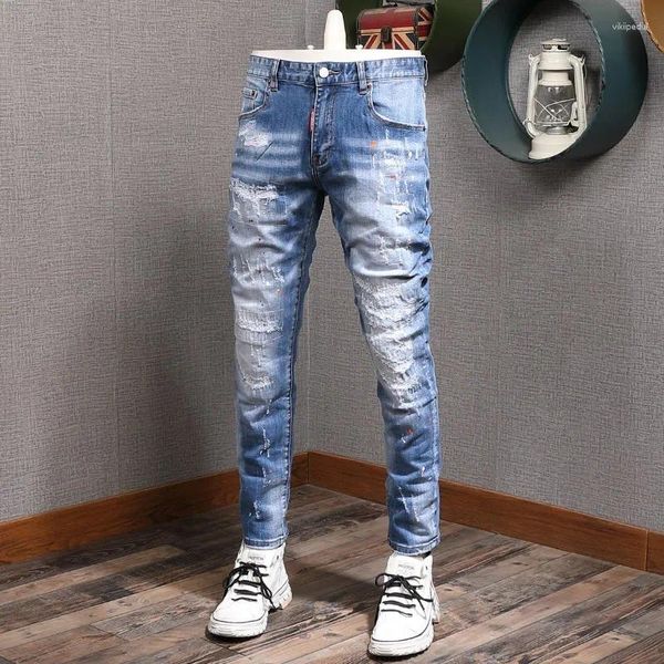 Herren Jeans Streetwear Mody Männer Designer Retro Hellblau Elastische Stretch Slim Fit Ripped Korean Vintage Denim Hosen