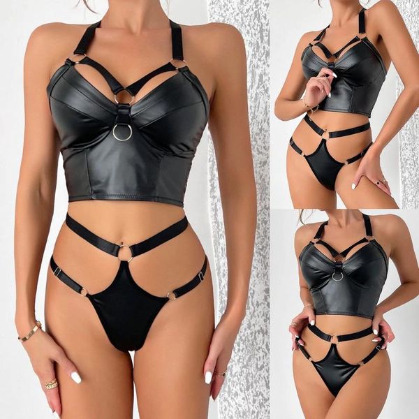 Frauen Badebekleidung Spaß Unterwäsche Leder Slim Fit Set mit sexy Stahlring zweiteiliger Frauen Nachties Große Büste Dessous für Frauen